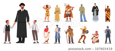 Set Of Male Characters Wear Historical Costumes. Jew, Caveman, Viking And African Warrior, Gladiator, Medieval Peasant 107603419