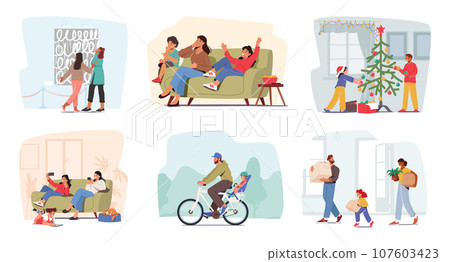 Set Family Scenes With Parents And Children Characters Visit Art Exhibition, Watching Movies, Decorate Christmas Tree 107603423