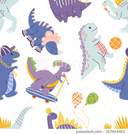 Vibrant And Playful Seamless Pattern Featuring Adorable Dinosaurs In Various Poses And Colors, Play with Balls 107603461