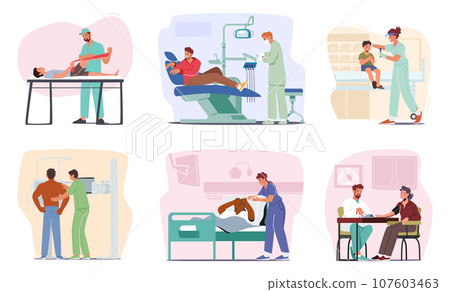 Caring Doctor Character In A White Coat Listens Attentively To A Patient Concerns In Medical Office, Vector Illustration Caring Doctor Character In A White Coat Listens Attentively To A Patient Concerns In Medical Office, Vector Illustration 107603463