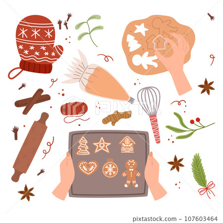 Cozy Kitchen Scene of Cookies Cooking Process. Hands Holding Tray with Gingerbread Bakery, Knitted Mitten 107603464