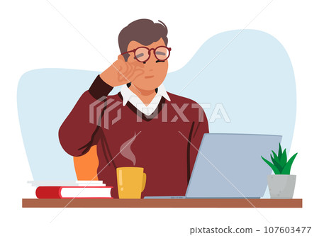 Man With Vision Problems Struggles To Use A Laptop. Male Office Manager Character Squinting, Rubbing Eyes Man With Vision Problems Struggles To Use A Laptop. Male Office Manager Character Squinting, Rubbing Eyes 107603477