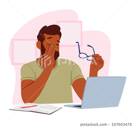 Man Character Sits At A Table, Holding Glasses In One Hand And Rubbing His Tired Eyes With The Other Vector Illustration Man Character Sits At A Table, Holding Glasses In One Hand And Rubbing His Tired Eyes With The Other Vector Illustration 107603478