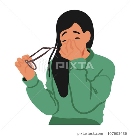 Woman Character Wearing Glasses, Her Face Slightly Strained, Rubs Her Tired Eyes With A Thoughtful Expression 107603486