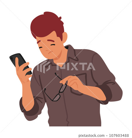 Man With Vision Problems Struggles To Use A Smartphone, Male Character Holding Glasses And Mobile, Squinting And Tapping 107603488