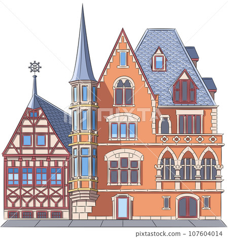 Color drawing of an old traditional old half-timbered and stone German house in Germany. Color drawing of an old traditional old half-timbered and stone German house in Germany. 107604014