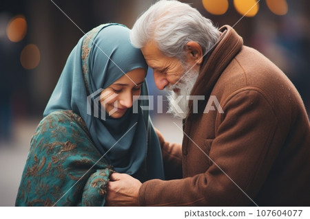 A man and a Muslim woman embracing each other, AI 107604077