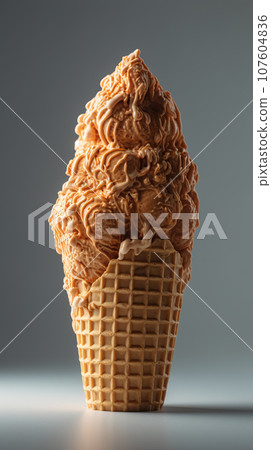 Vertical appetizing caramel ice cream on the table. Dessert. Ice cream in a waffle cup melts while standing on a white table, surrounded by waffle crumbs Vertical appetizing caramel ice cream on the table. Dessert. Ice cream in a waffle cup melts while standing on a white table, surrounded by waffle crumbs 107604836