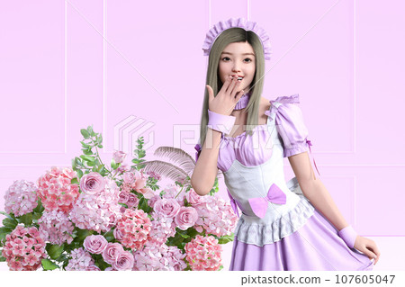 可愛的女孩穿著女僕時尚服裝 107605047