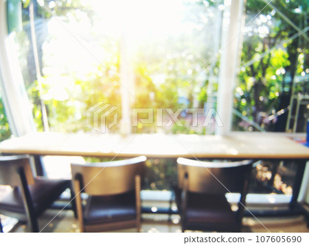 Blurry background interior design bar table chair window decorate indoors space display. Blurred background cafe coffee shop restaurant in shopping mall with light bokeh business event retail store 107605690