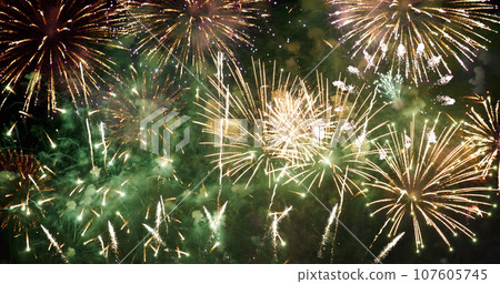 Green Firework celebrate anniversary happy new year 2024, 4th of july holiday festival. Green firework in night time celebrate national holiday. Countdown to new year 2024 festival party time event 107605745
