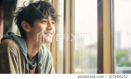 一位年輕的日本青少年在明亮的窗戶前微笑的肖像 107606252