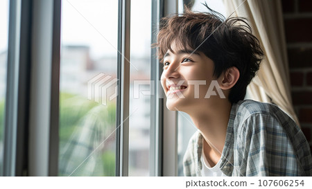 一位年輕的日本青少年在明亮的窗戶前微笑的肖像 107606254