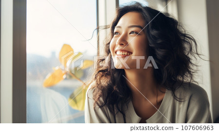 一位 20 至 30 多歲的日本女性在明亮的窗戶前微笑的肖像 107606963
