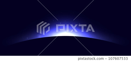 Planet eclipse concept. Purple blue solar light glare effect. Abstract glowing sunrise on dark background. Earth horizon halo illustration. Vector design for poster, banner, cover, brochure, booklet Planet eclipse concept. Purple blue solar light glare effect. Abstract glowing sunrise on dark background. Earth horizon halo illustration. Vector design for poster, banner, cover, brochure, booklet 107607533