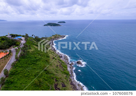 Aerial view of curve road along the seashore at Phuket Thailand, Beautiful seacoast view at open sea in summer season, Nature Environment and Travel background 107608076