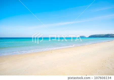 Empty tropical beach and seascape, Beautiful sandy beach and sea in sunny day,Blue sky in good weather day, Beach sea space area nature background 107608134