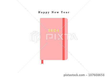 新年快樂文字和2024年粉紅色筆記本 — 簡單可愛的新年賀卡 新年快樂文字和2024年粉紅色筆記本 — 簡單可愛的新年賀卡 107608658