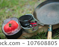 Preparing for outdoor cooking while enjoying chilled tomatoes 107608805