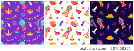 Set of Happy Diwali Seamless Pattern Illustration Design with Light Festival of India Ornament in Cartoon Hand Drawn Template Set of Happy Diwali Seamless Pattern Illustration Design with Light Festival of India Ornament in Cartoon Hand Drawn Template 107608835