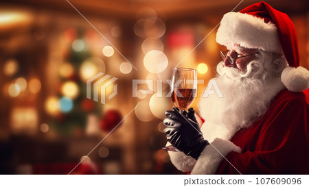 聖誕老人在溫暖的房間裡喝啤酒放鬆的滑稽照片 107609096