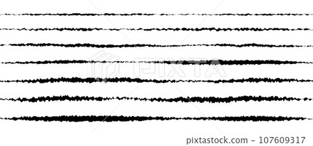Jagged uneven line set. Black scribble stroke collection. Grunge wavy zig zag border stripe bundle. Edgy rough horizontal design elements pack for poster, banner, booklet, brochure, decoration. Vector 107609317