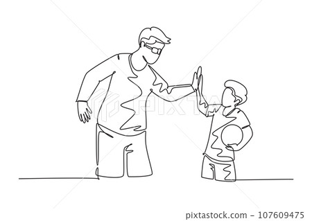 Continuous one line drawing young happy father bow his body to give high five gesture to his boy, giving high five gesture. Parenting family care. Single line draw design vector graphic illustration 107609475