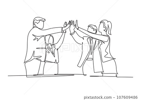 Single continuous line drawing of businessmen and businesswomen celebrating their successive goal at business meeting with high five gesture. Business deal. One line graphic design vector illustration Single continuous line drawing of businessmen and businesswomen celebrating their successive goal at business meeting with high five gesture. Business deal. One line graphic design vector illustration 107609486