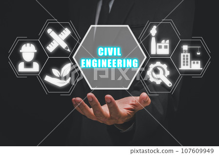 Civil engineering concept, Businessman hand holding civil engineering icon on virtual screen. Civil engineering concept, Businessman hand holding civil engineering icon on virtual screen. 107609949
