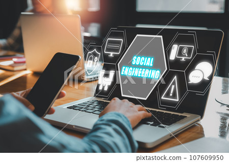 Social engineering concept, Business woman using latop computer with social engineering icon on virtual screen. Social engineering concept, Business woman using latop computer with social engineering icon on virtual screen. 107609950