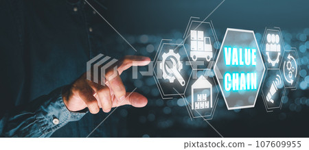 Value chain concept, Businessman hand touching value chain icon on virtual screen with blue bokeh background. Value chain concept, Businessman hand touching value chain icon on virtual screen with blue bokeh background. 107609955