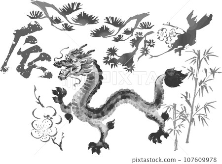 龍年松、竹、梅、水墨、賀年片素材、賀年片2024、日本畫、浮世繪、水彩、手繪插畫素材 107609978