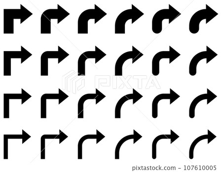 Vector illustration set of monochrome curved arrows, L turn arrows Vector illustration set of monochrome curved arrows, L turn arrows 107610005