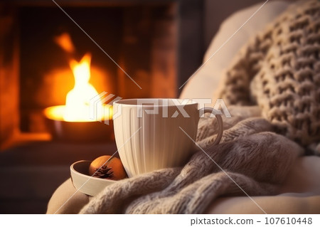 Christmas morning in a cozy chalet with a warming cup of tea in front of the fireplace. 107610448