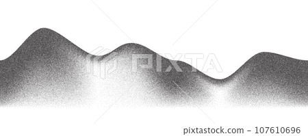 Noisy grainy background. Dotted sand mountains with stipple grunge effect. Black abstract hills. Wavy dust sprayed illustration. Vector halftone landscape Noisy grainy background. Dotted sand mountains with stipple grunge effect. Black abstract hills. Wavy dust sprayed illustration. Vector halftone landscape 107610696