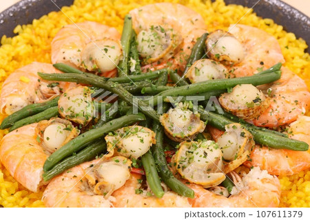 Shrimp and scallop paella, Mediterranean cuisine, rice, seafood 107611379