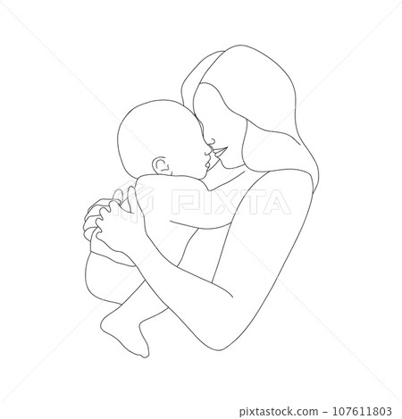 Mother and child in linear style. Happy mom hugging her newborn baby. One line art. Minimalistic vector illustration. Abstract family silhouette Mother and child in linear style. Happy mom hugging her newborn baby. One line art. Minimalistic vector illustration. Abstract family silhouette 107611803