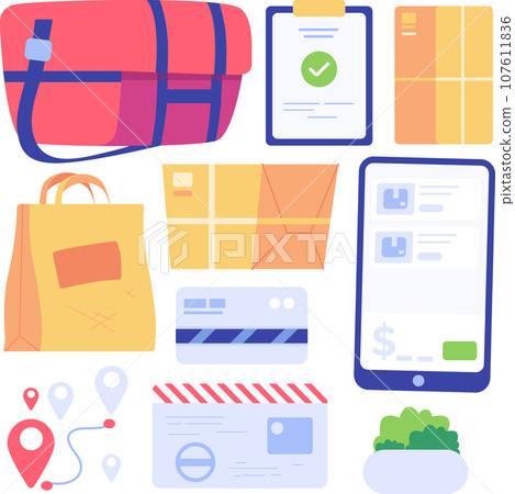 Set of icons for online shopping. Flat style vector illustration for web design. Shopping and payments by mobile, Online transactions. Vector illustration Set of icons for online shopping. Flat style vector illustration for web design. Shopping and payments by mobile, Online transactions. Vector illustration 107611836