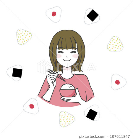Illustration of a woman eating delicious food 03 107611847