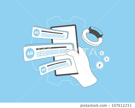PPC advertising or banner online targeted contextual ad concept. Contextual Digital Marketing, Retargeting and Behavioral PPC Targeting. Vector isolated illustration on blue background with icons PPC advertising or banner online targeted contextual ad concept. Contextual Digital Marketing, Retargeting and Behavioral PPC Targeting. Vector isolated illustration on blue background with icons 107612251