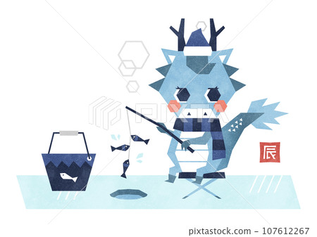 Watercolor illustration of a dragon fishing for smelt, white background 107612267