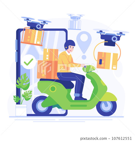 Delivery service concept vector illustration in flat style. Man riding scooter with boxes and drone. For shipping, modern technology, artificial intelligence technology concept. 107612551