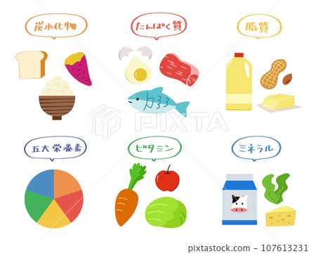 Illustration material of various foods with nutrients, proteins, carbohydrates, lipids, minerals, and vitamins 107613231