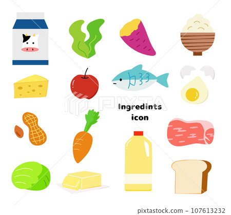 Illustration material of various foods with nutrients, proteins, carbohydrates, lipids, minerals, and vitamins 107613232