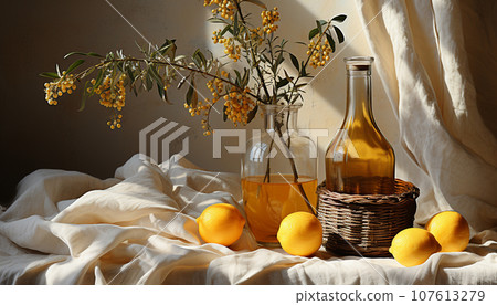 Classic still life with lemons and white linen fabric.  Ai-generated  107613279