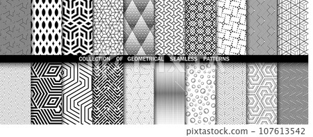 Geometric set of seamless black and white patterns. Simple vector graphics 107613542