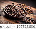 Coffee bean decoration on wooden surface background made with Generative AI. 107613630