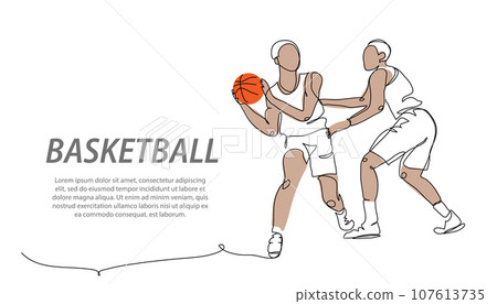 Basketball player gives a pass. One continuous line art drawing of basketball player passes Basketball player gives a pass. One continuous line art drawing of basketball player passes 107613735