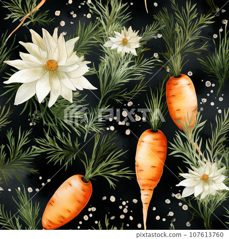 Seamless watercoloured carrot pattern for textiles or packaging.  Ai-generated  107613760