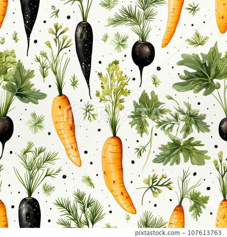 Seamless watercoloured carrot pattern for textiles or packaging.  Ai-generated  107613763